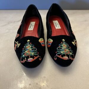 Vintage Worthington Christmas Ballet Flats 8.5 Black Velvet Granny Embroidered